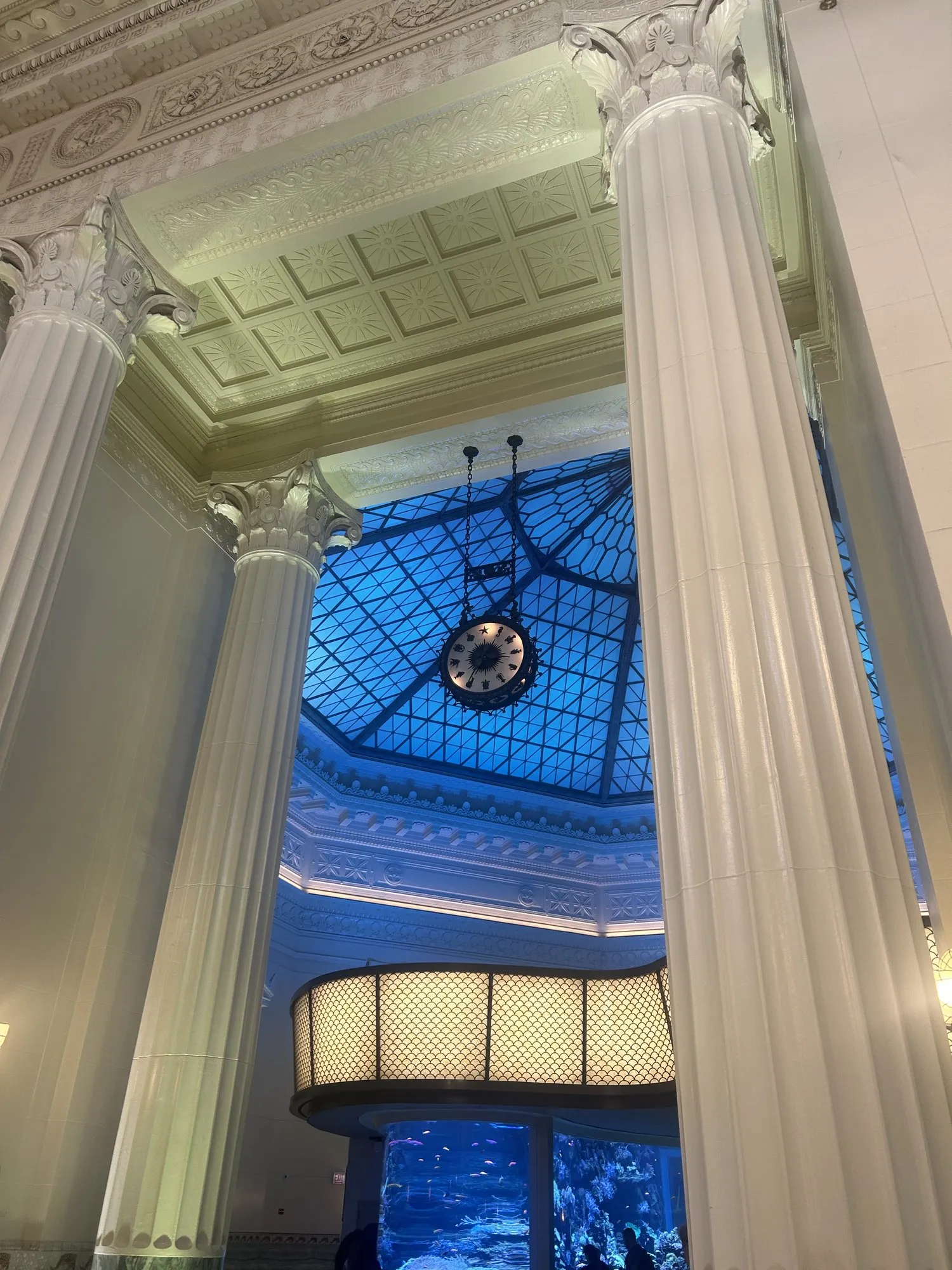 A glowing blue glass ceiling framed by tall white columns.