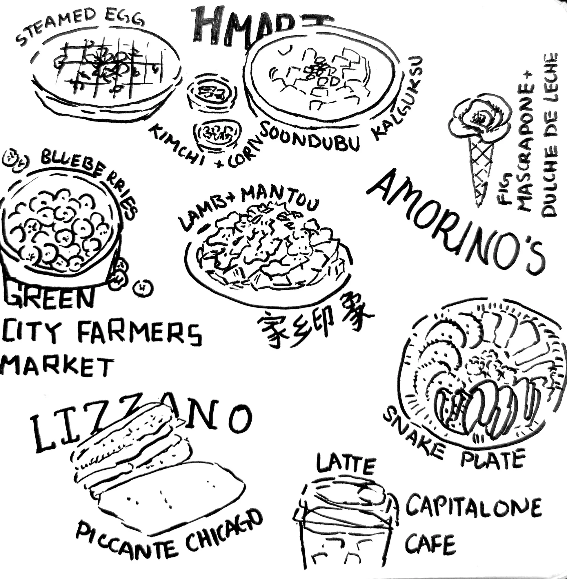 Ink sketchbook page of labeled food doodles: steamed egg, soondubu, lamb and mantou, blueberries, gelato, a latte, and more.